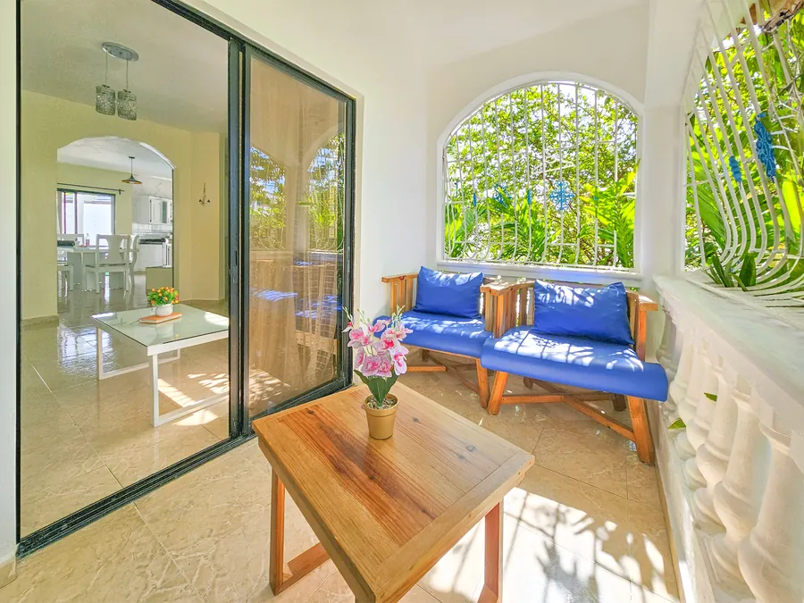 The terrace, through the sliding glass doors