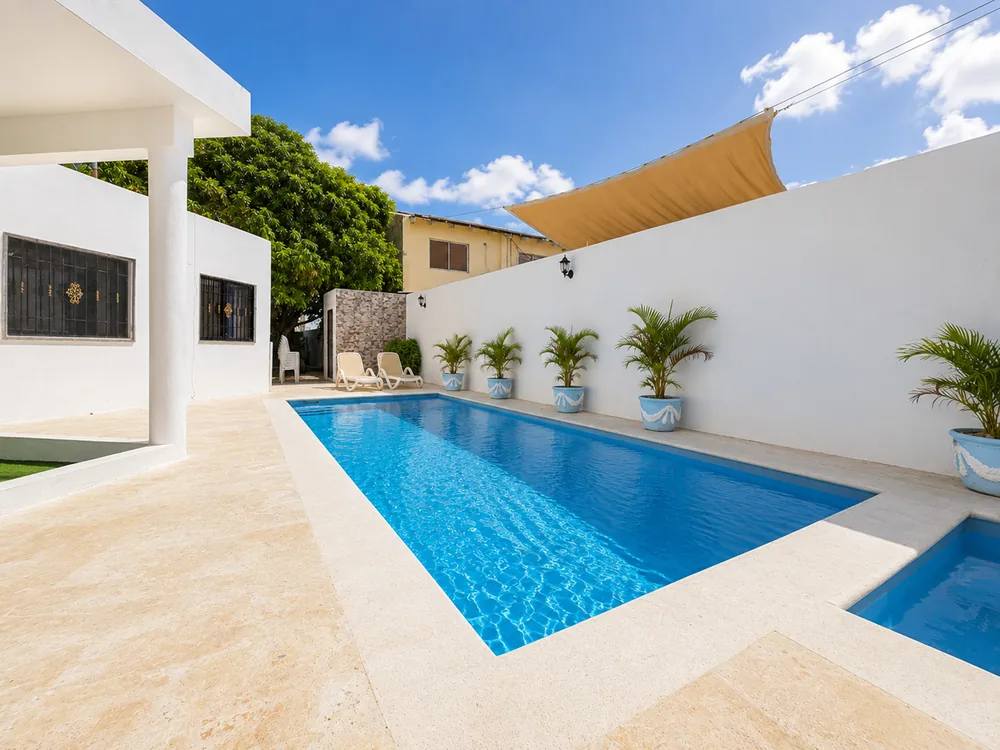 The villa's private pool with white terrace and palms alongside